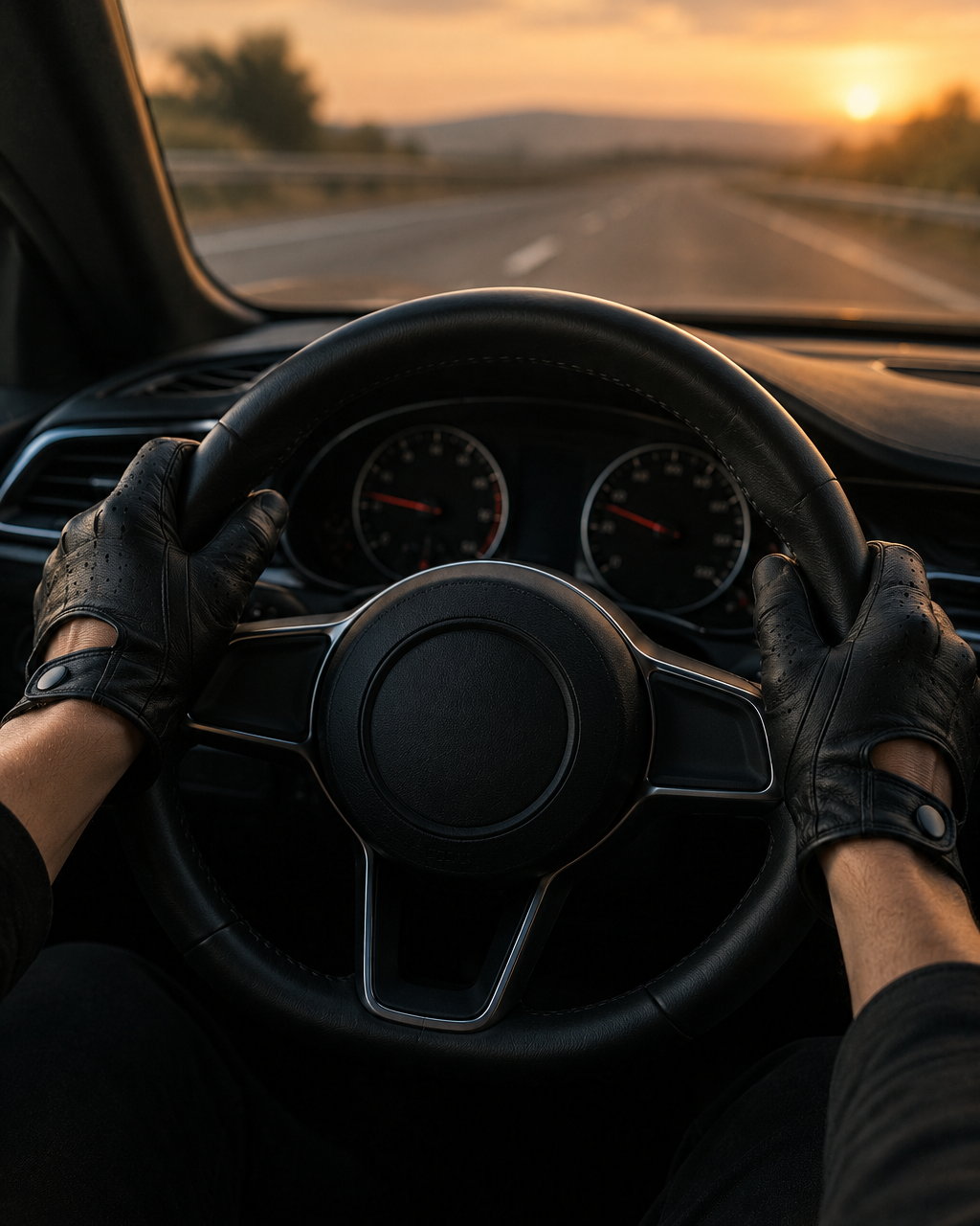 Hands on a leather steering wheel, road ahead