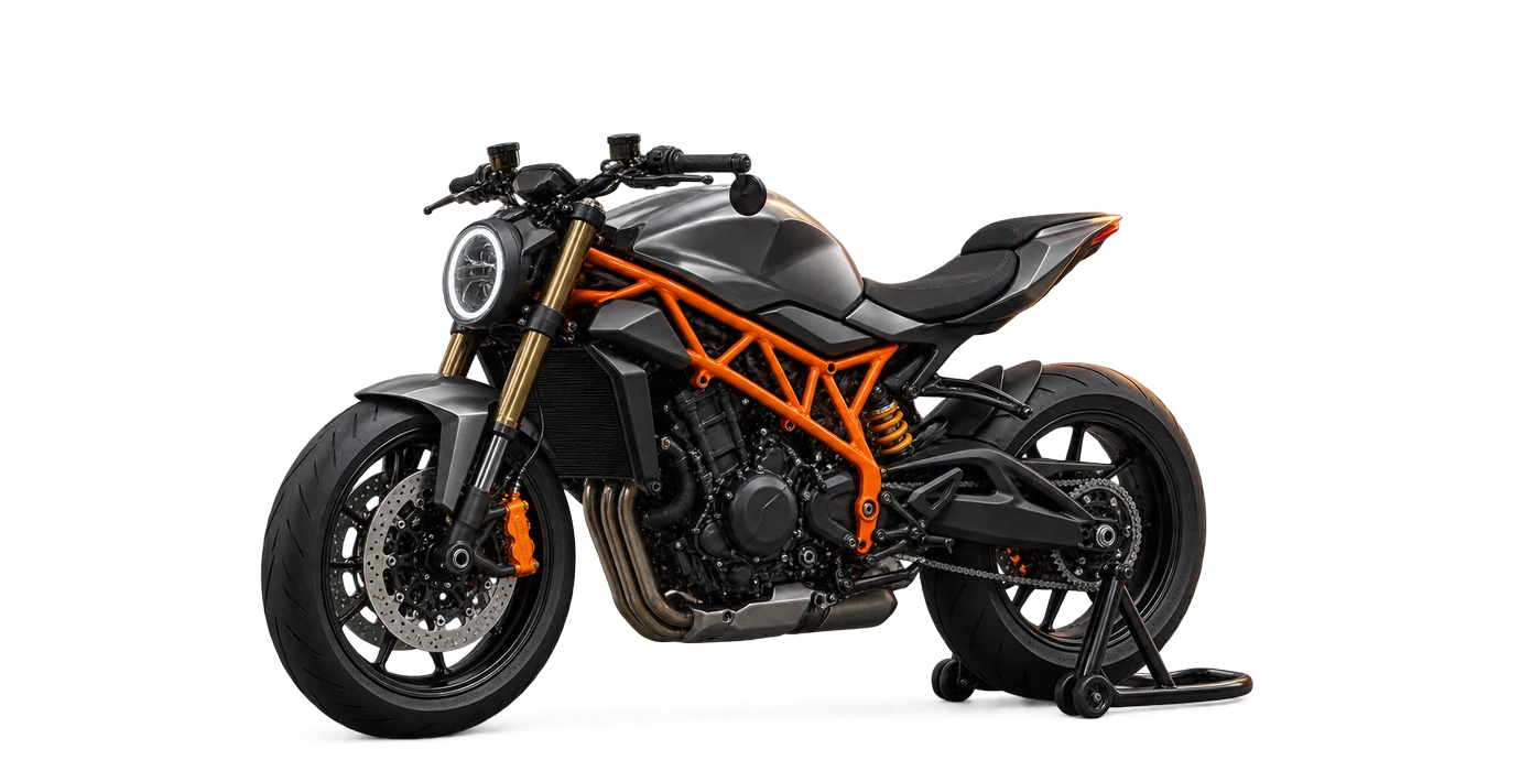 A gunmetal naked sports motorcycle with an orange frame, facing left