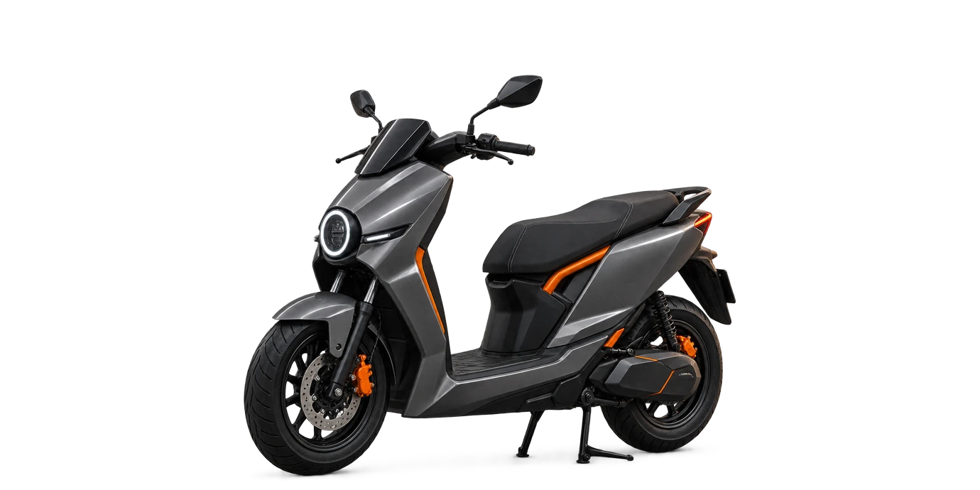 A gunmetal electric maxi-scooter with orange accents, facing left